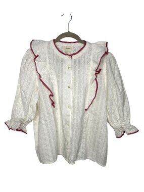 NWT Vintage-Style White Blouse With Red Trim Ruffle Detail By Sonmer Size XL